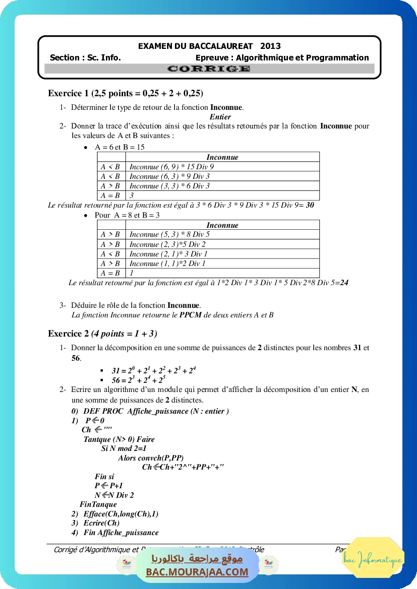 Corrigé controle algorithme Bac 2013 – Section info